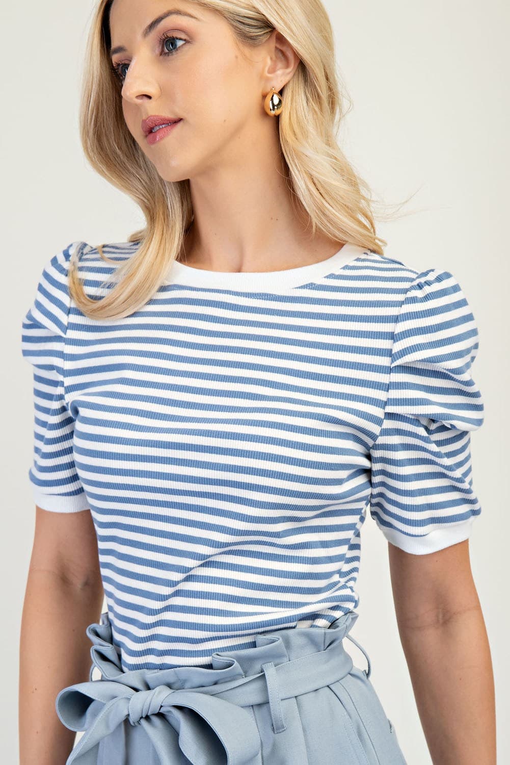 (Misses Tops) Puff-Sleeve Striped Top
