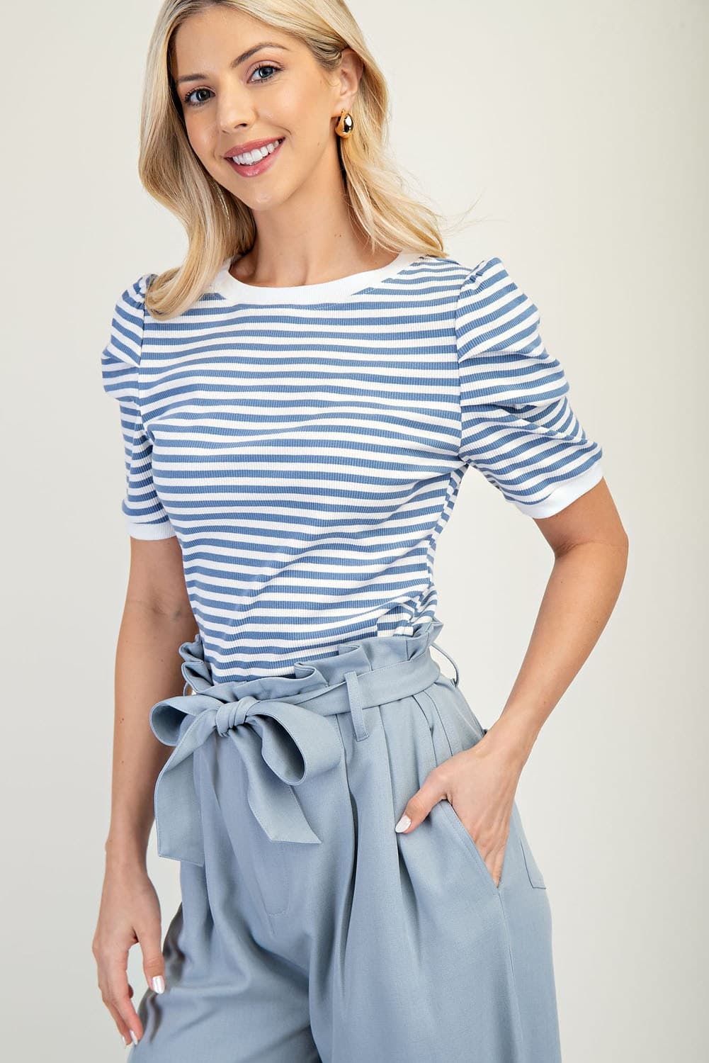 (Misses Tops) Puff-Sleeve Striped Top