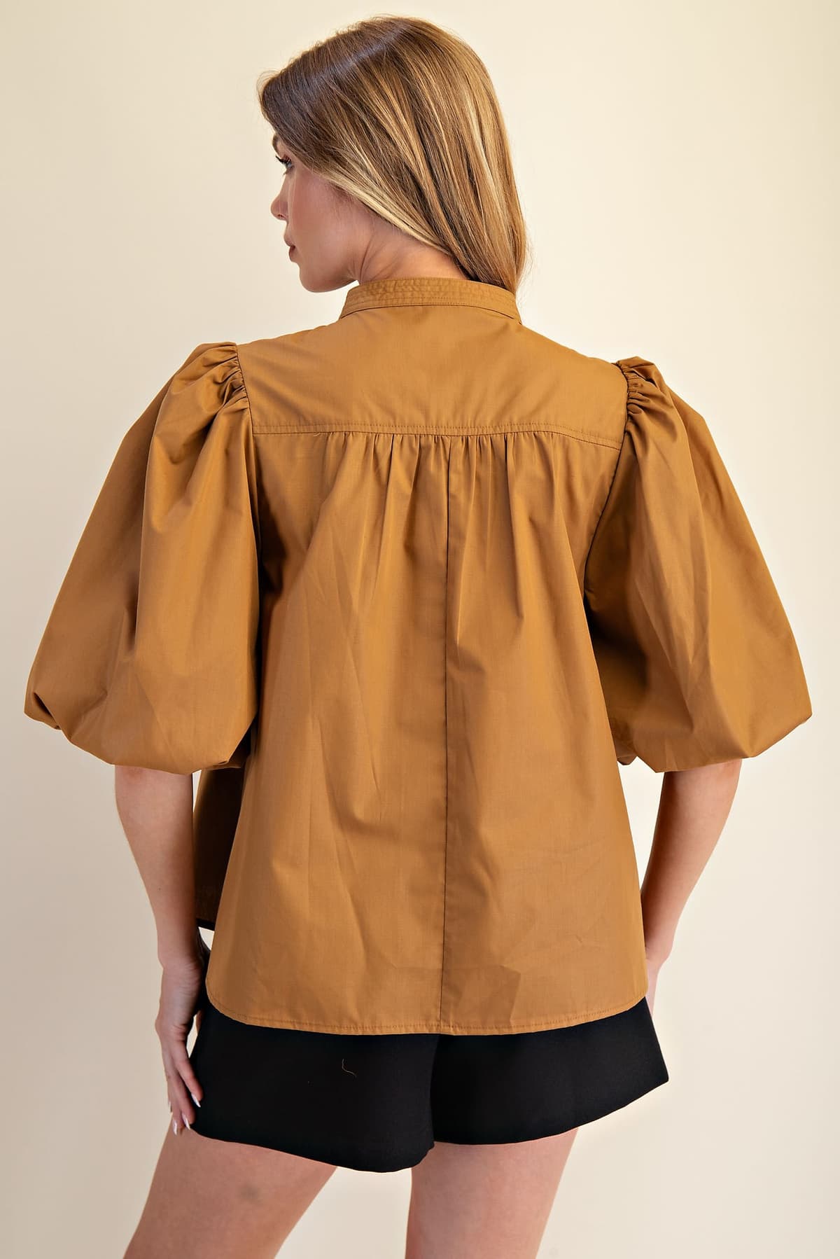 MISSES - Mandarin Collar V-Neck Bubble Sleeve Poplin Top - (M-BSPC02)