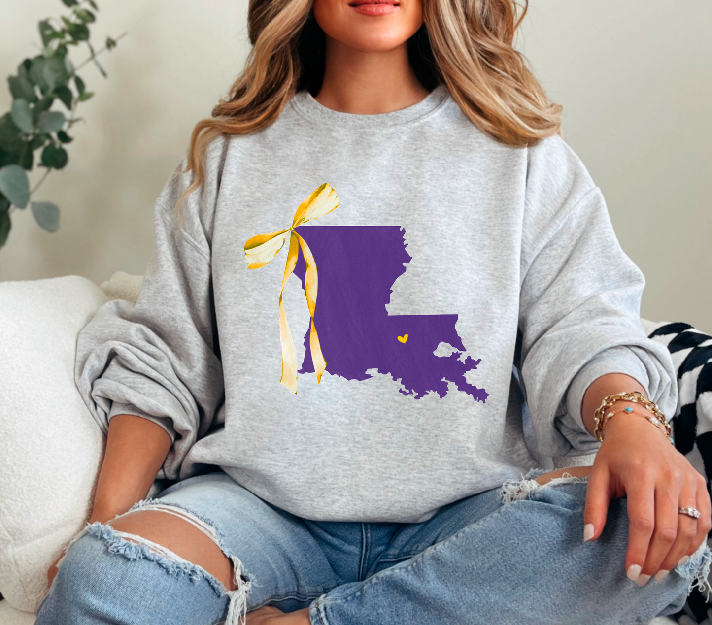 (MISSES) LSU Tigers Coquette Bow State Sweatshirt - M-LSUS