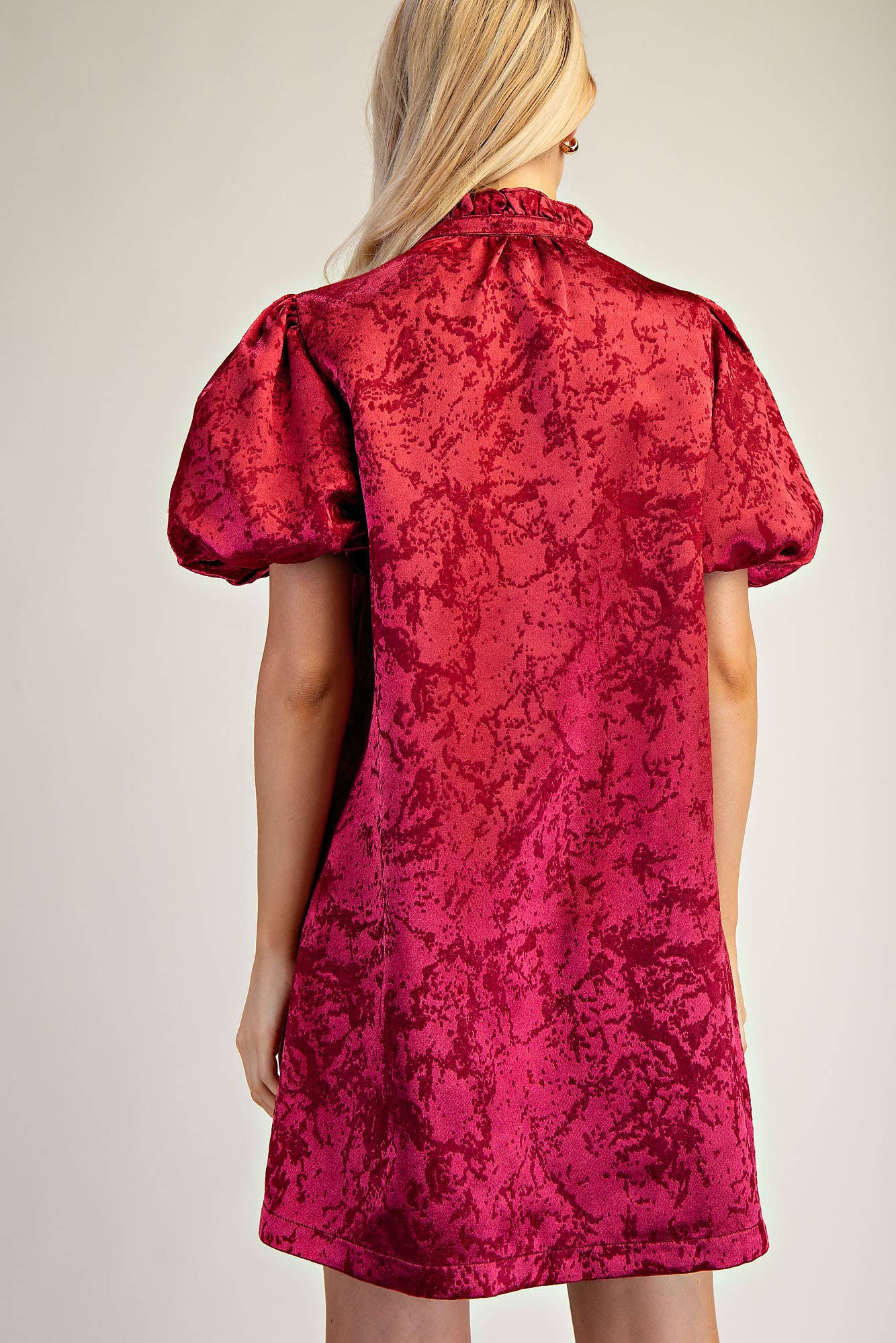 (M Dresses) Ruffle Neck Puff Sleeve Mini Dress (Silver & Burgundy) (M-RMD2)