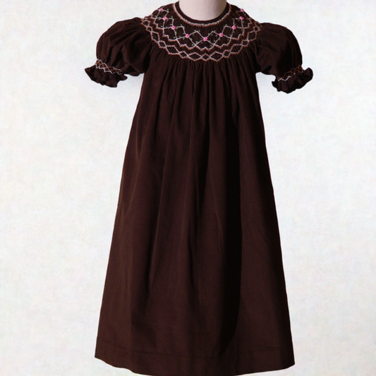 (Kids) Brown Corduroy Geo Smocked Bishop Dress #BCD27
