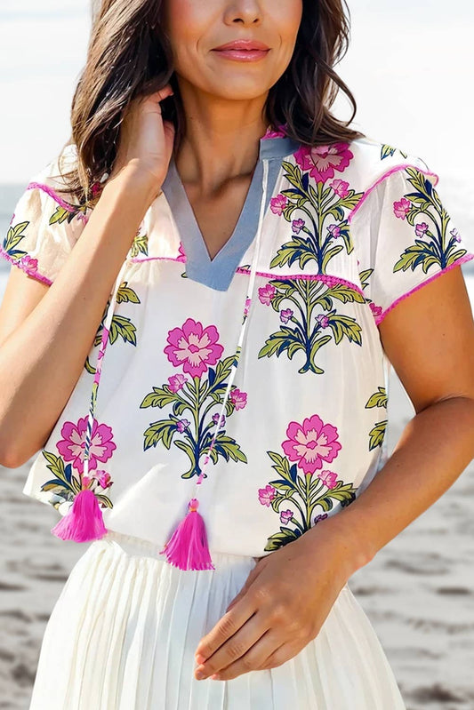 (Plus Tops) Floral Print Short Sleeve V Neck Blouse (P-FVN11)