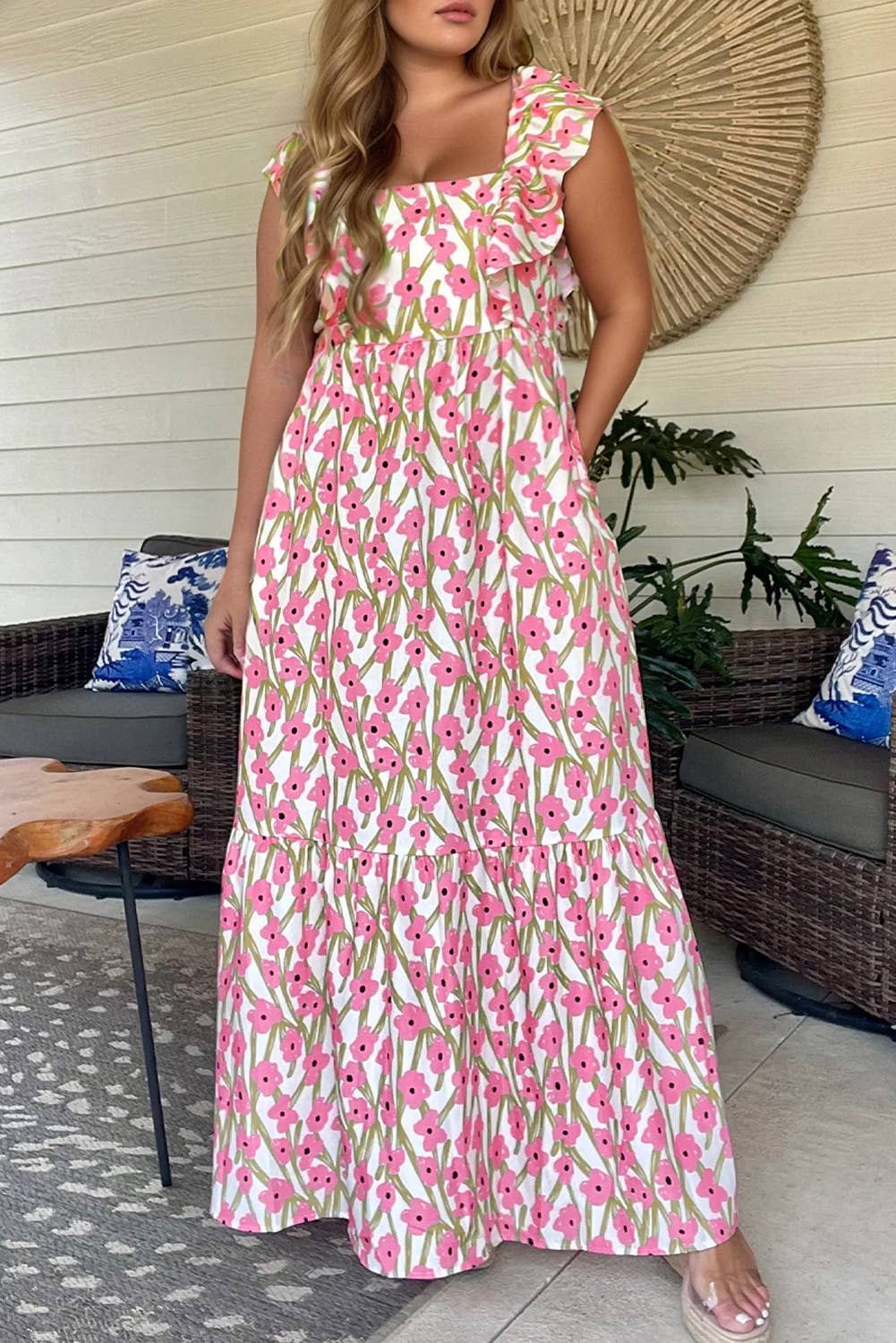 FINAL SALE -  Ruffle Trim Square Neck High Waist Floral  (P-RSND11)