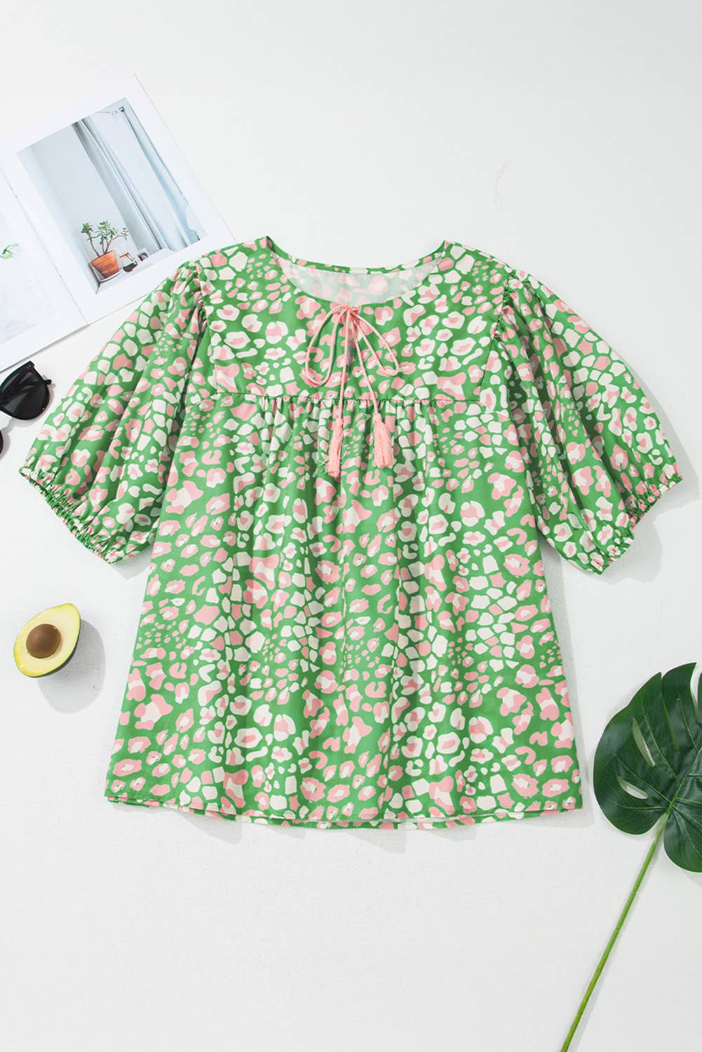(Plus Tops) Floral Tassel Tie Split Neck Puff Sleeve Blouse (P-TTF11)
