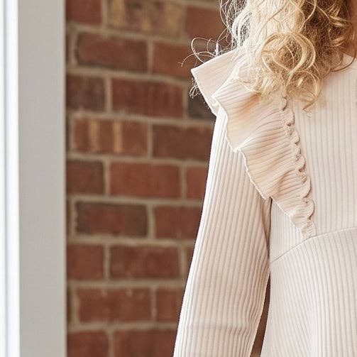 (Girls) Cream Beige Ribbed Long Sleeve Button Ruffle Shirt