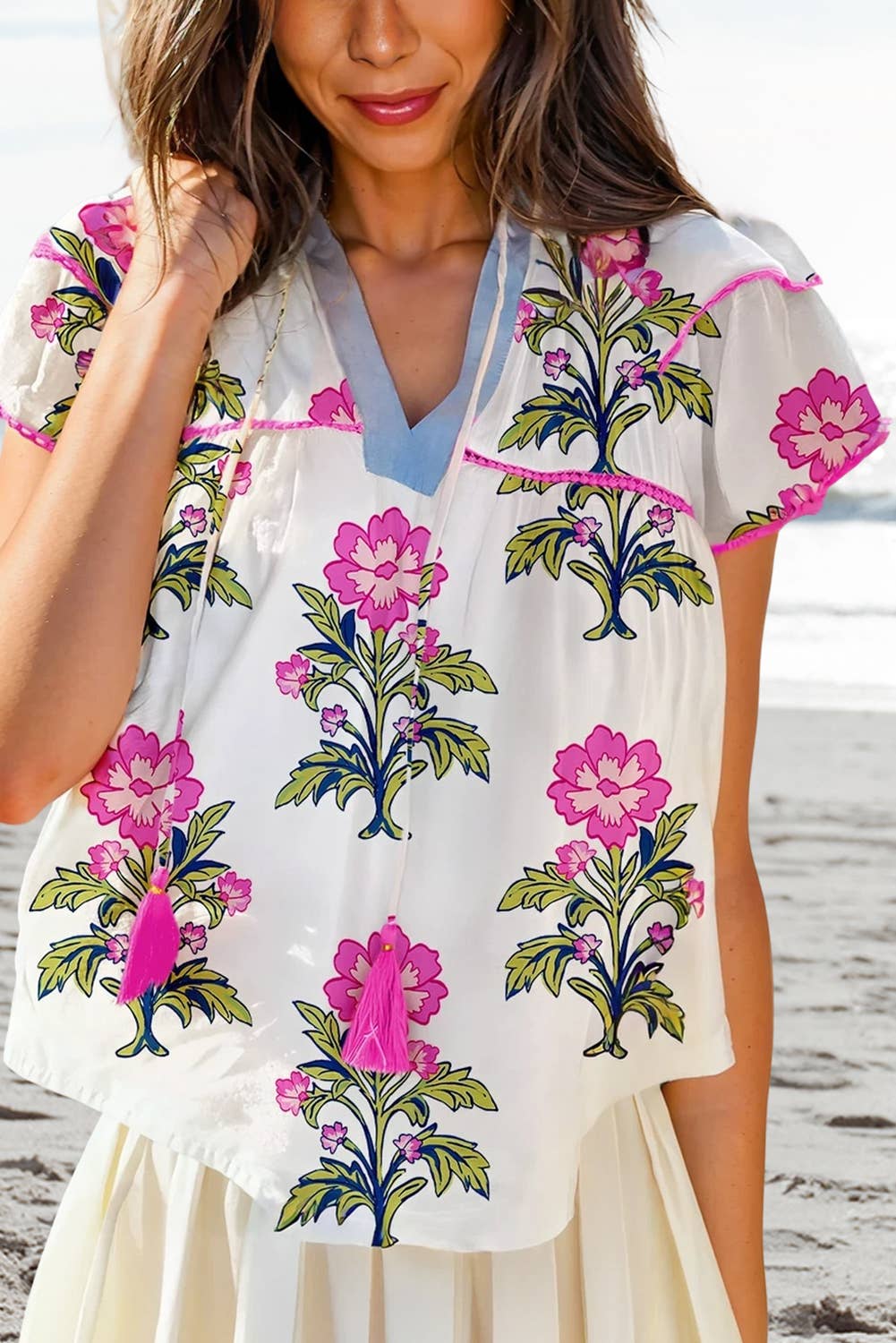 (Plus Tops) Floral Print Short Sleeve V Neck Blouse (P-FVN11)