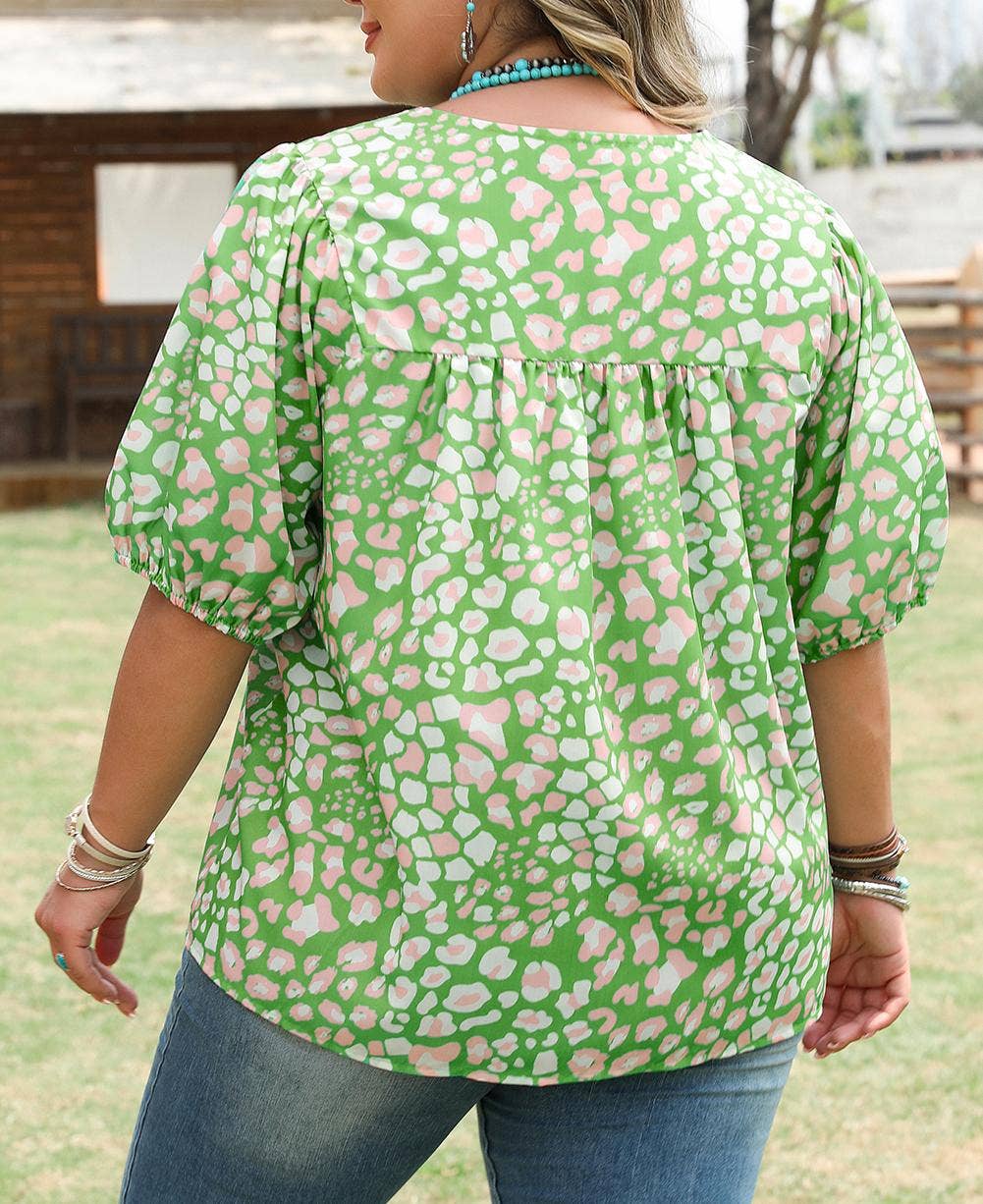 (Plus Tops) Floral Tassel Tie Split Neck Puff Sleeve Blouse (P-TTF11)