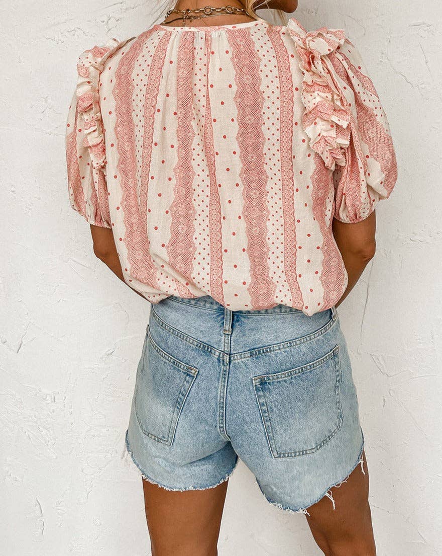 (Misses Tops) Dotted Frilled Puff Sleeve Blouse (M-DPSB01)
