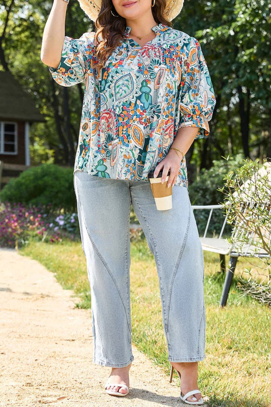 (Plus Tops) Floral Puff Sleeve Summer Blouse  (P-FPS05)