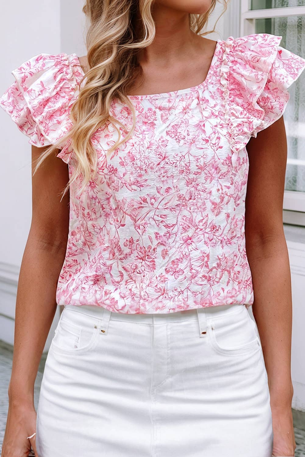 (M Tops) LDC Floral Ruffled Short Sleeve Square Neck Bow Back Blouse (M-FSNBO4)