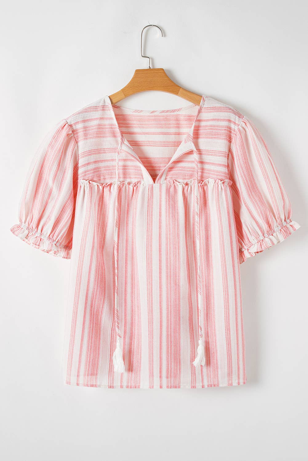 (Plus Tops) Stripe Tassel Tie Frilled Detail Short Sleeve Blouse (P-TTF11)