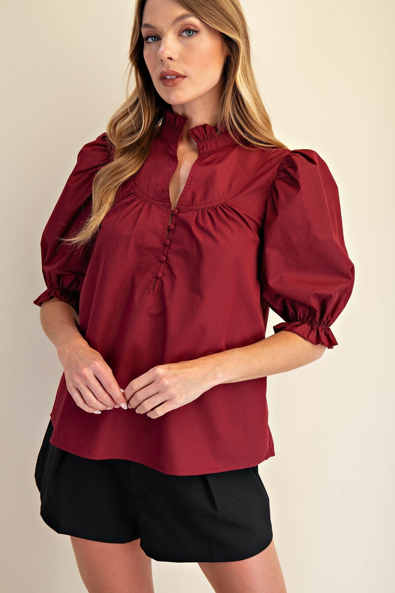 (Misses) Round Neck Front Button Short Sleeve Burgundy - (M-BSS2)