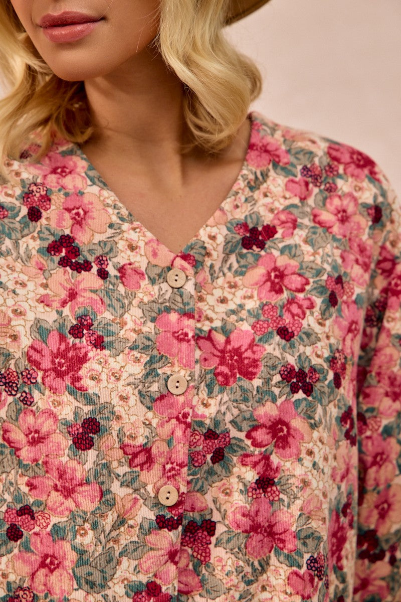 (M Cardigan) Floral Printed Corduroy Ruffled Cardigan (M-FCC24)