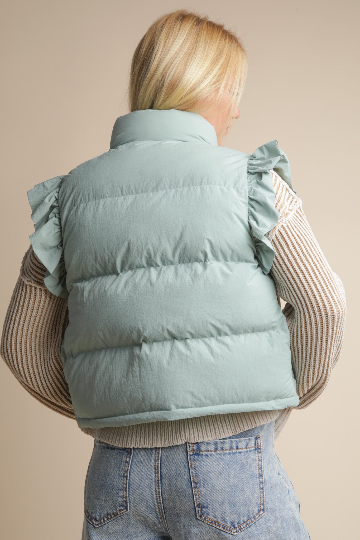 (Misses) Front Bow Ruffle Sleeve Puffer Vest #M-SV19