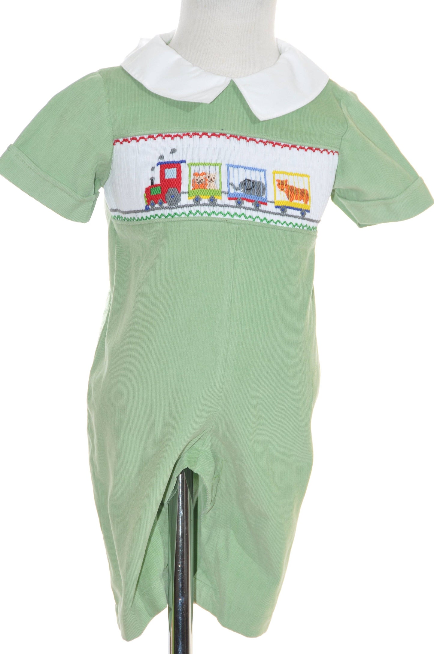 (Kids) Sage Green Corduroy Animal Train Smocked Boy Romper #K-AP27
