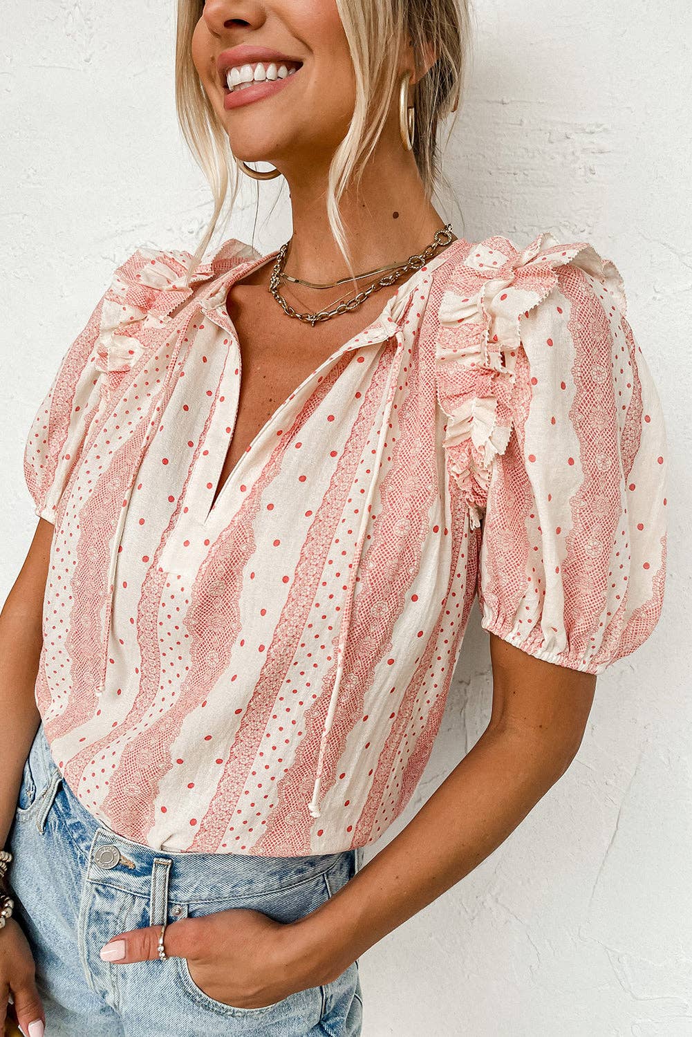 (Misses Tops) Dotted Frilled Puff Sleeve Blouse (M-DPSB01)