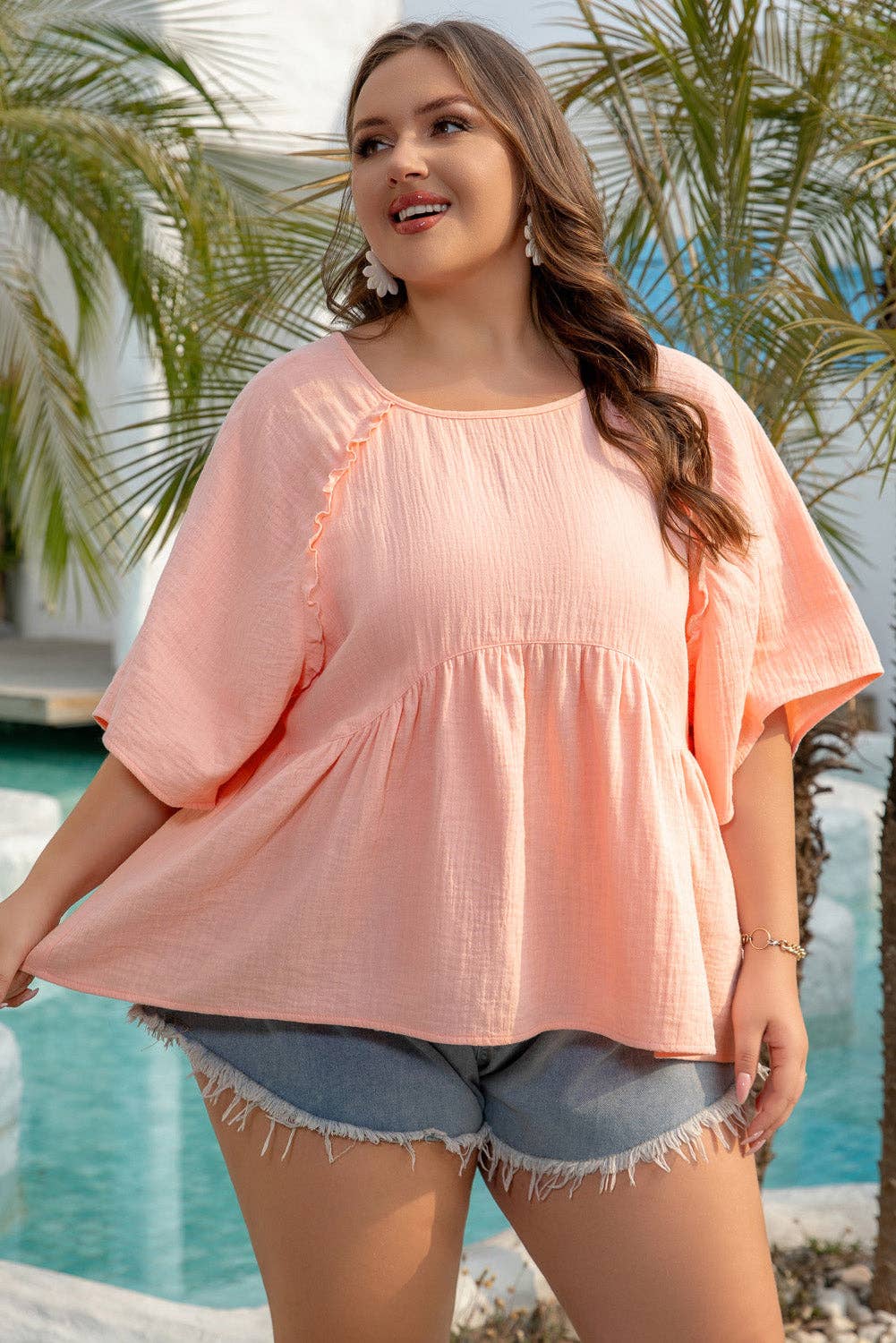 FINAL SALE - Apricot Pink Summer Tie-Back Babydoll Blouse (P-BD07)