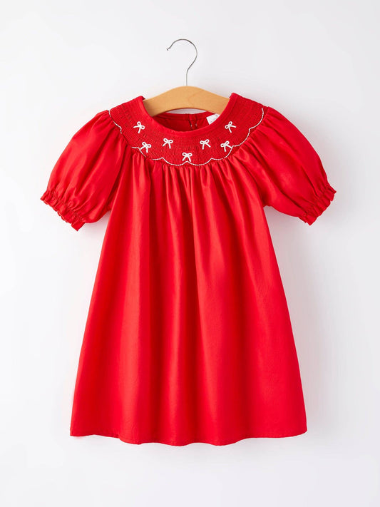 (Toddlers) Girls Bow Smocking Embroidered Red Dress - (K-BSED16)