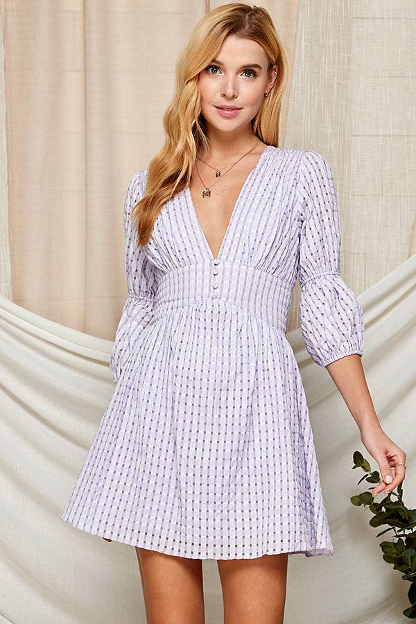 (M Dresses) Deep V-Neck Dress with Puffy Sleeves (M-VN38)