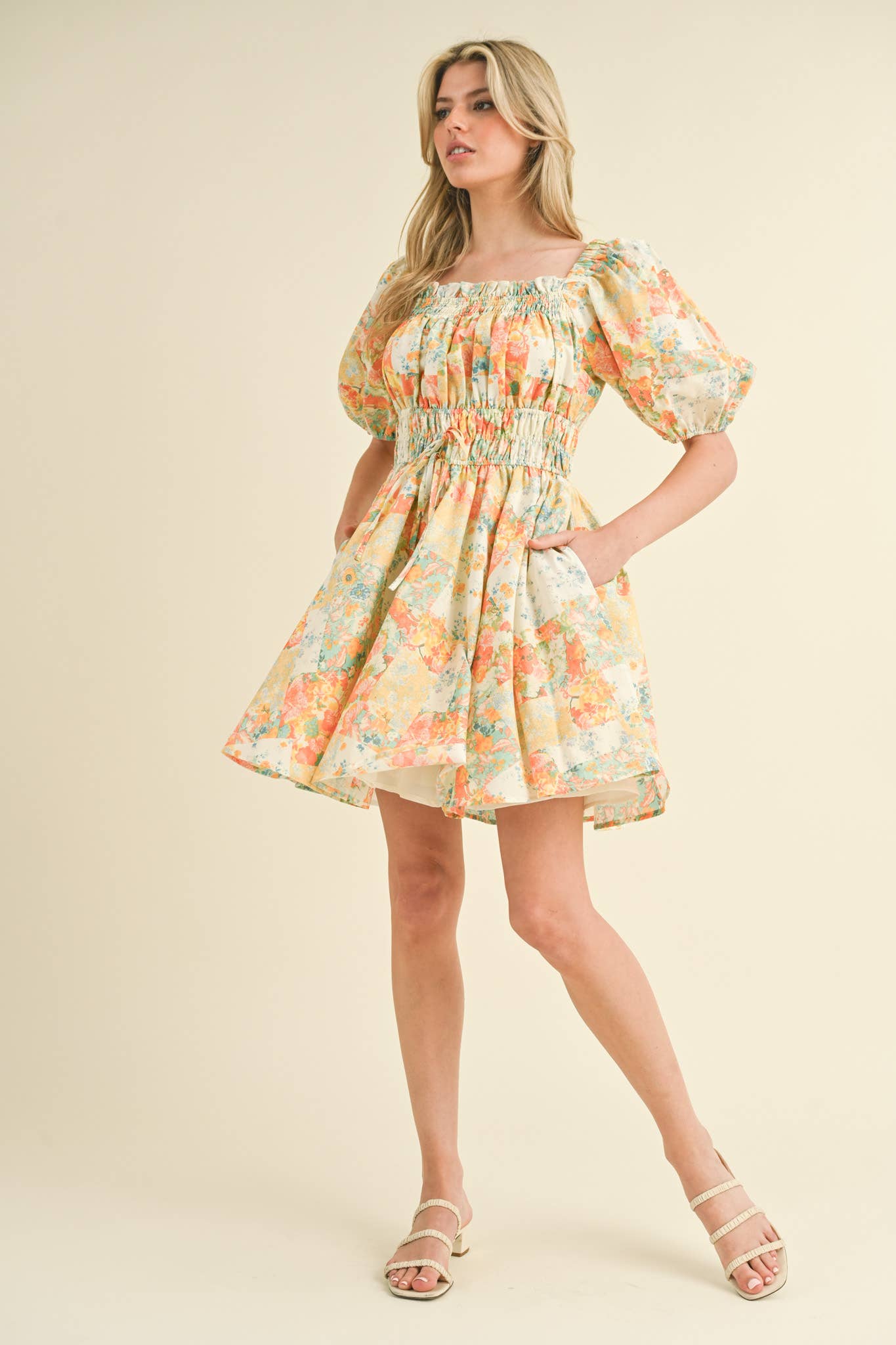 (M Dresses) Exclusive Print Floral Puff Sleeve Mini Dress (M-CD21)
