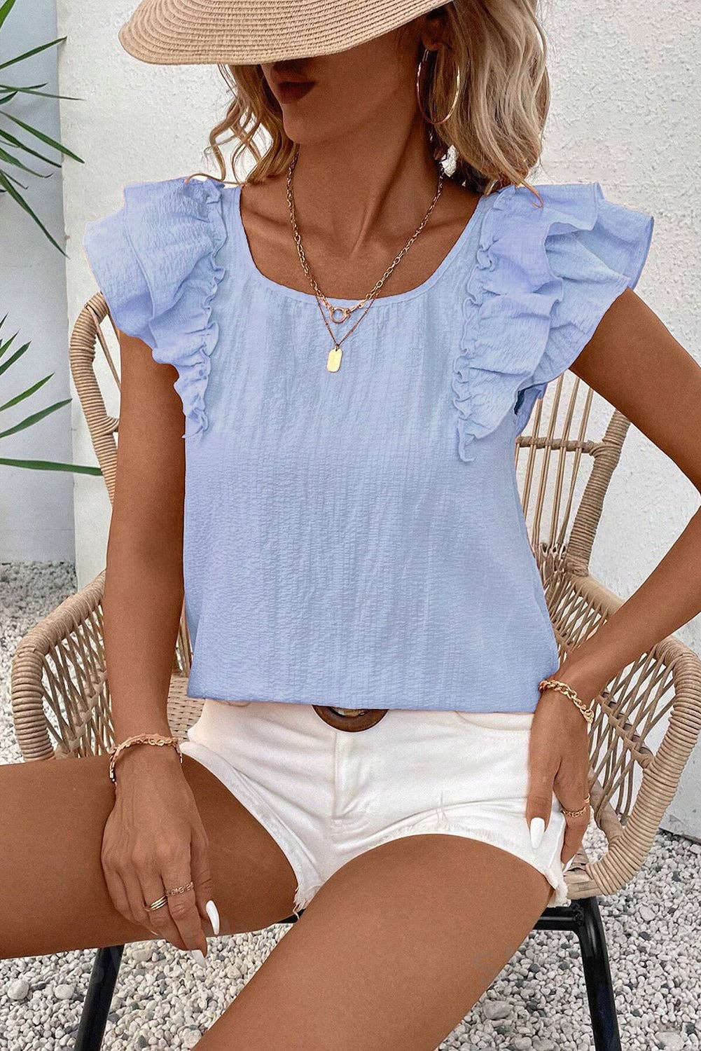 (M Tops) Bow Butterfly Sleeve Textured Summer Blouse  (M-BBSB01)