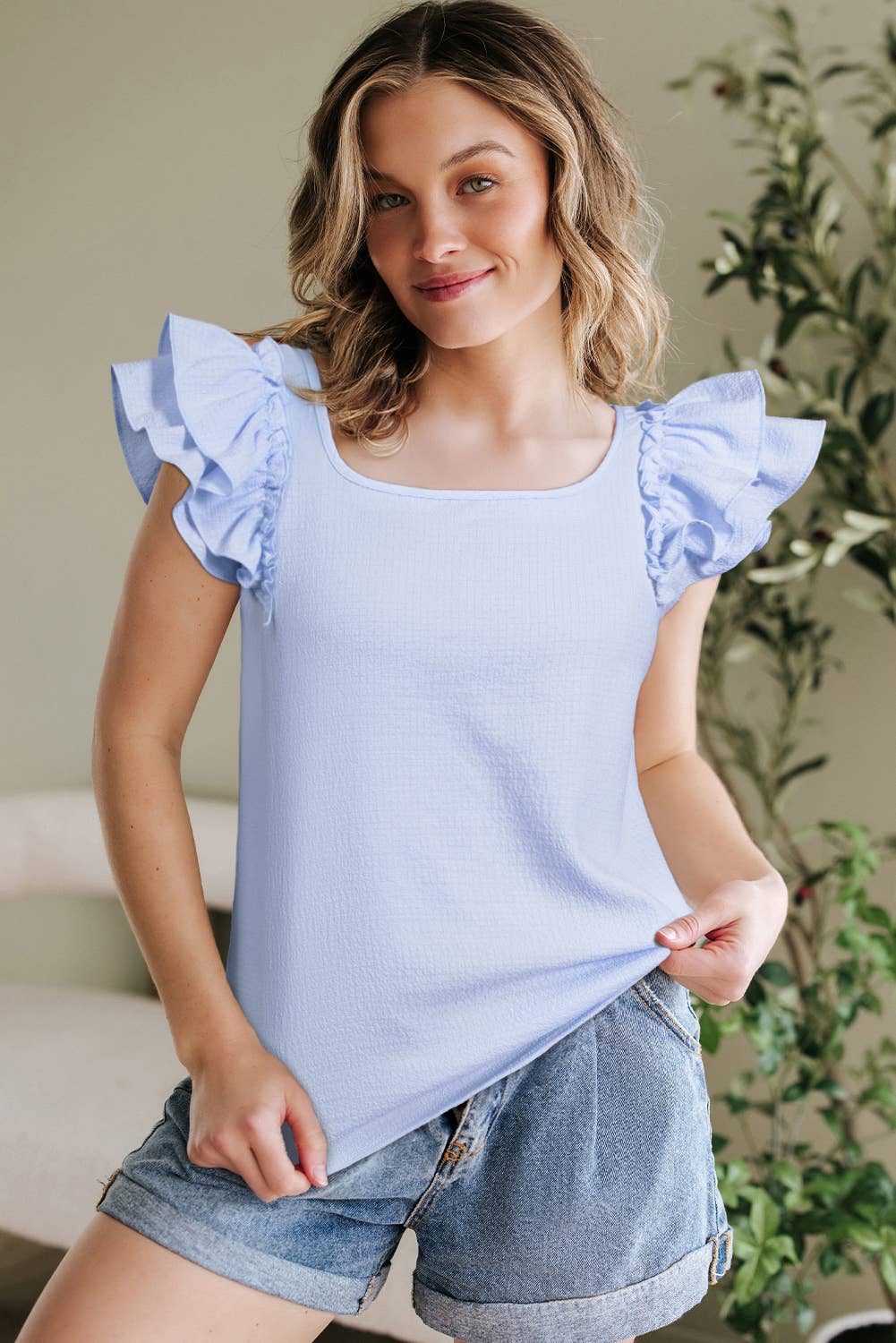 (M Tops) Textured Bow Knot Frilled Butterfly Sleeve Blouse