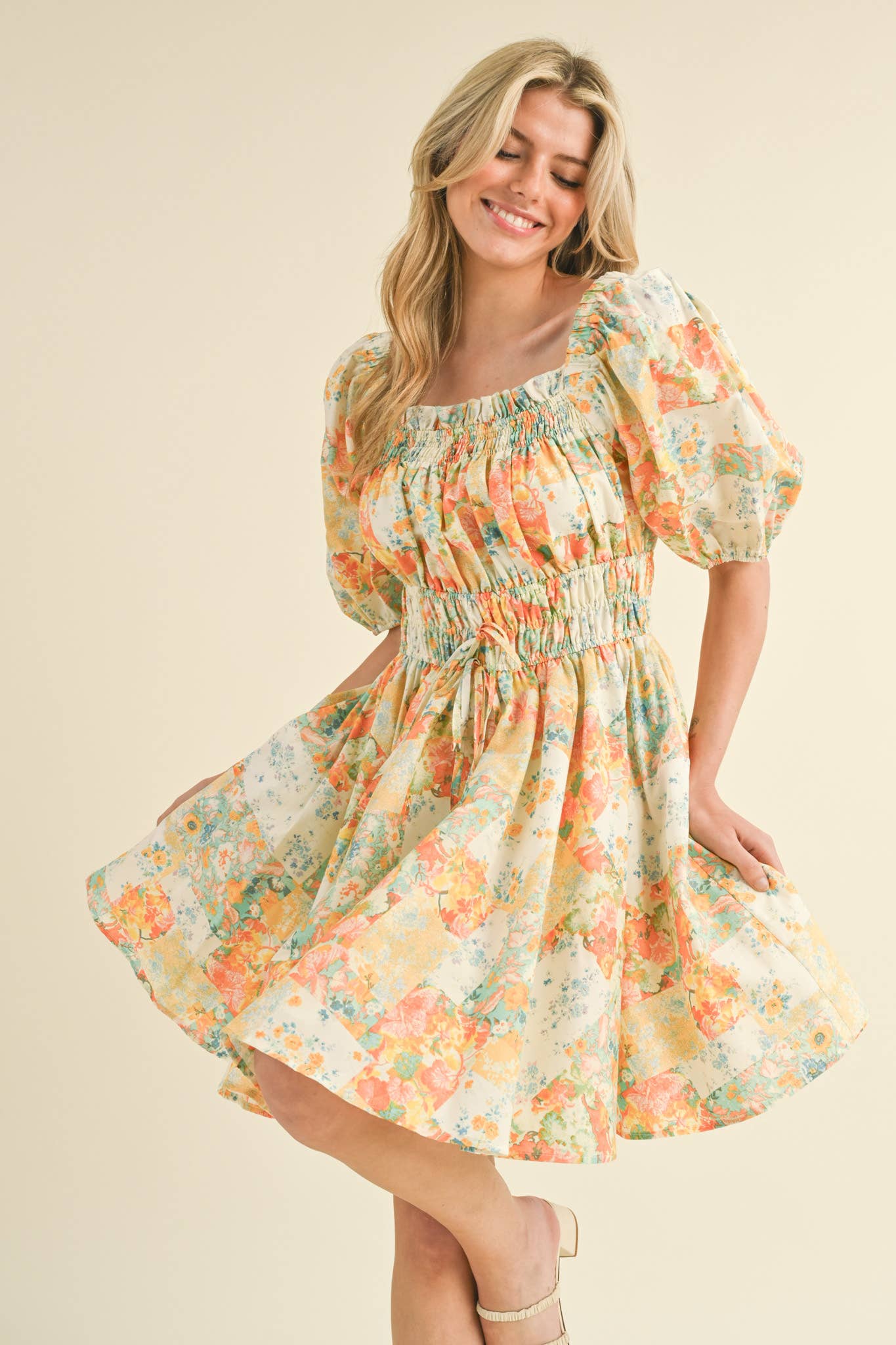 (M Dresses) Exclusive Print Floral Puff Sleeve Mini Dress (M-CD21)