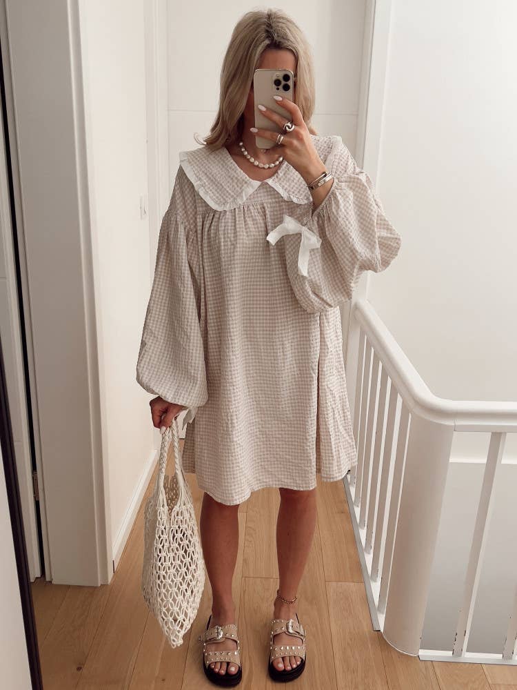 (M Dresses) Gingham OVERSIZED Collar Baby Doll Dress  (M-BJS10)