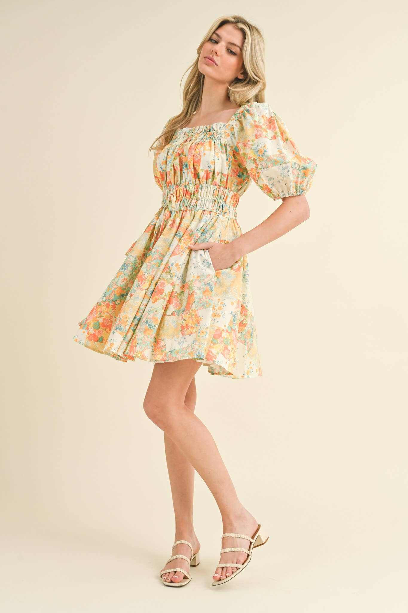 (M Dresses) Exclusive Print Floral Puff Sleeve Mini Dress (M-CD21)