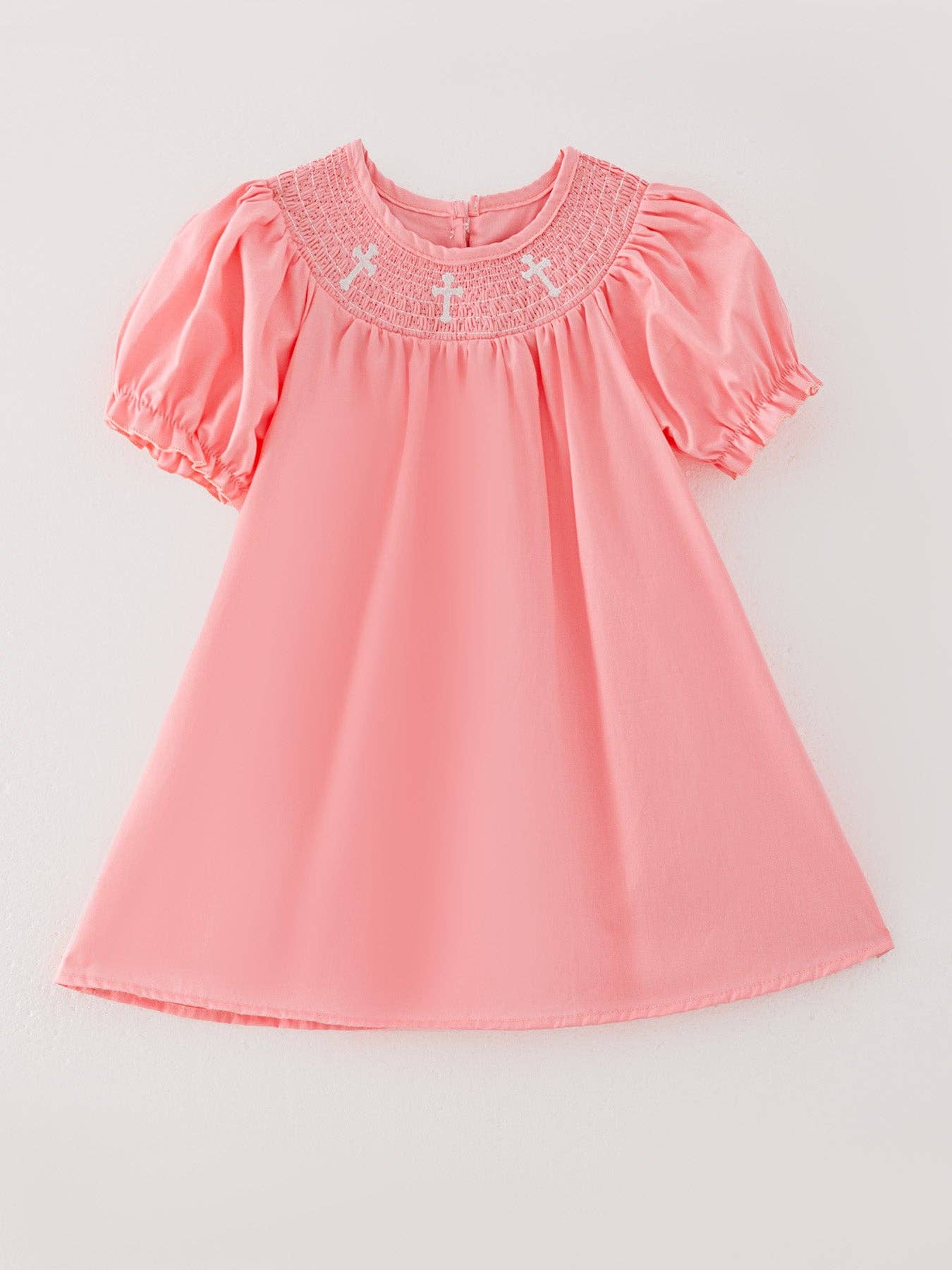 (Toddlers) Pink Smocking Embroidered Crucifix Girls Dress - (K-PED16)