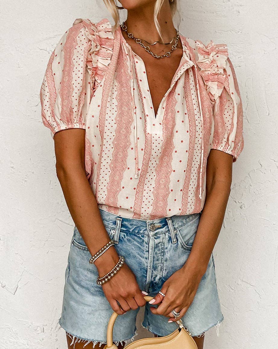 (Misses Tops) Dotted Frilled Puff Sleeve Blouse (M-DPSB01)