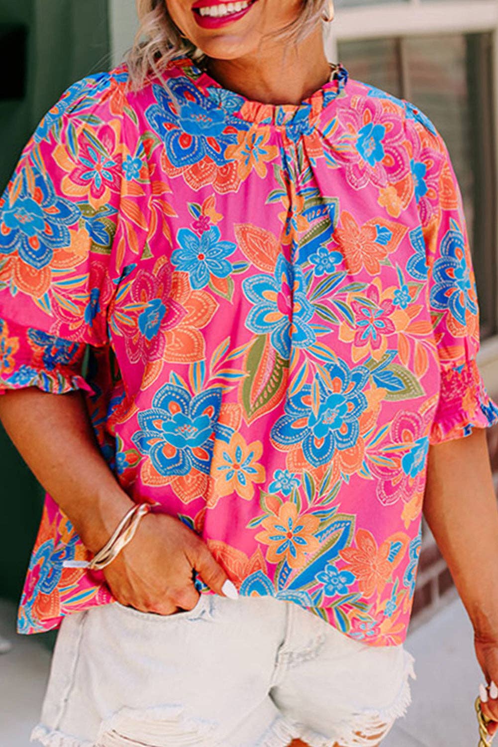 FINAL SALE -  Floral Puff Sleeve Blouse  (P-FPSR05)