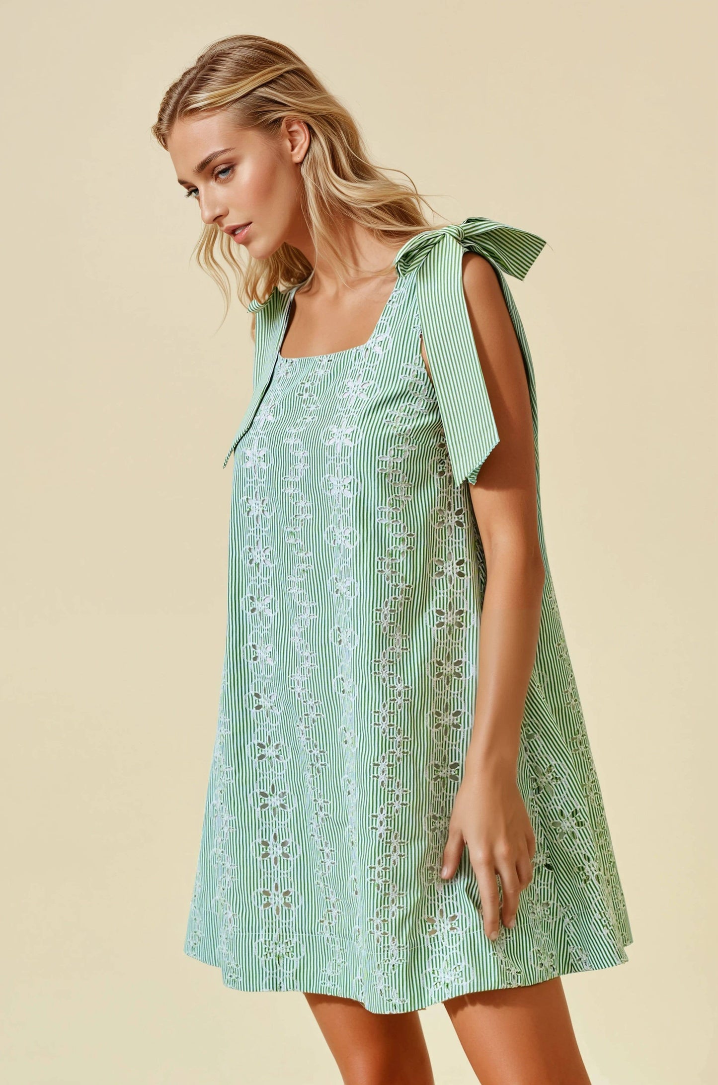 (M Dresses) Striped Eyelet Tie Shoulder Mini Dress (M-ED41)