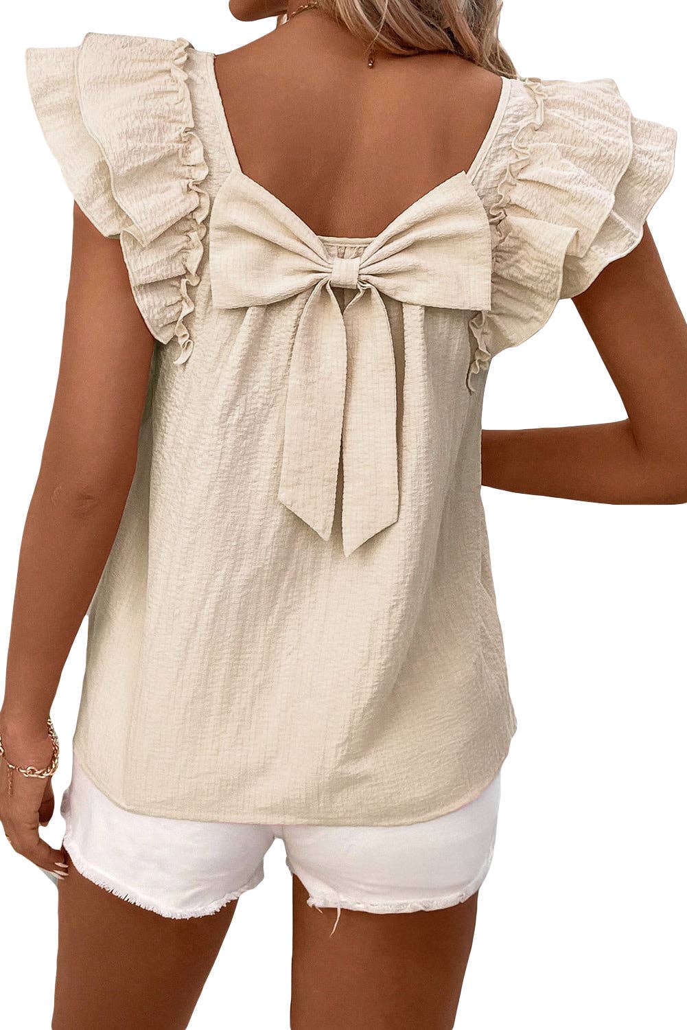 (M Tops) Bow Butterfly Sleeve Textured Summer Blouse  (M-BBSB01)