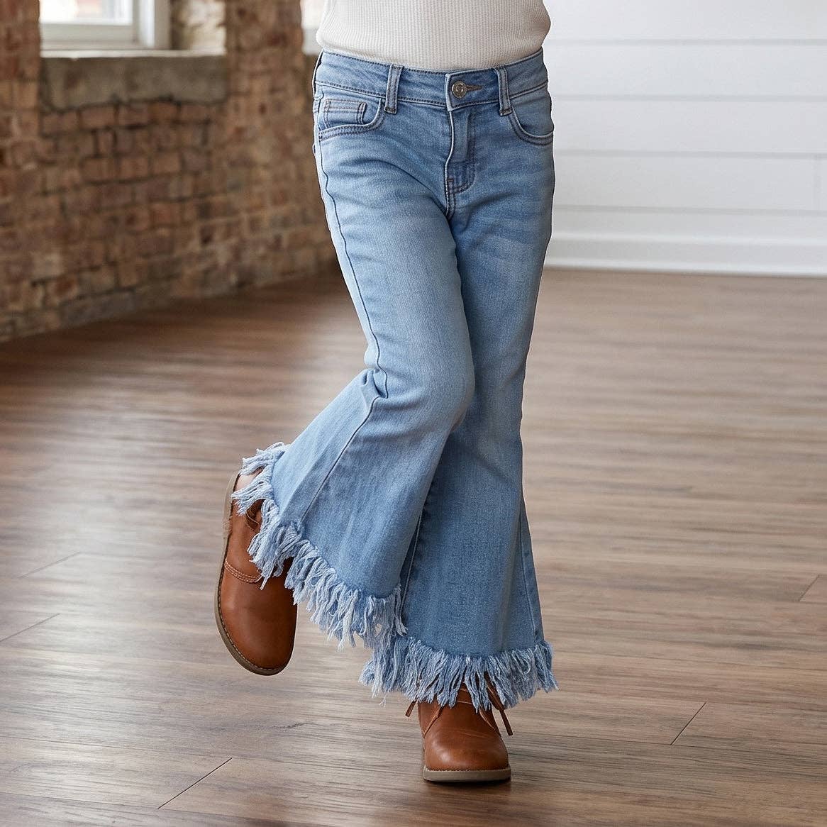 (Girls) Light Wash Flare Fringe Denim Jeans (G-FJ49)