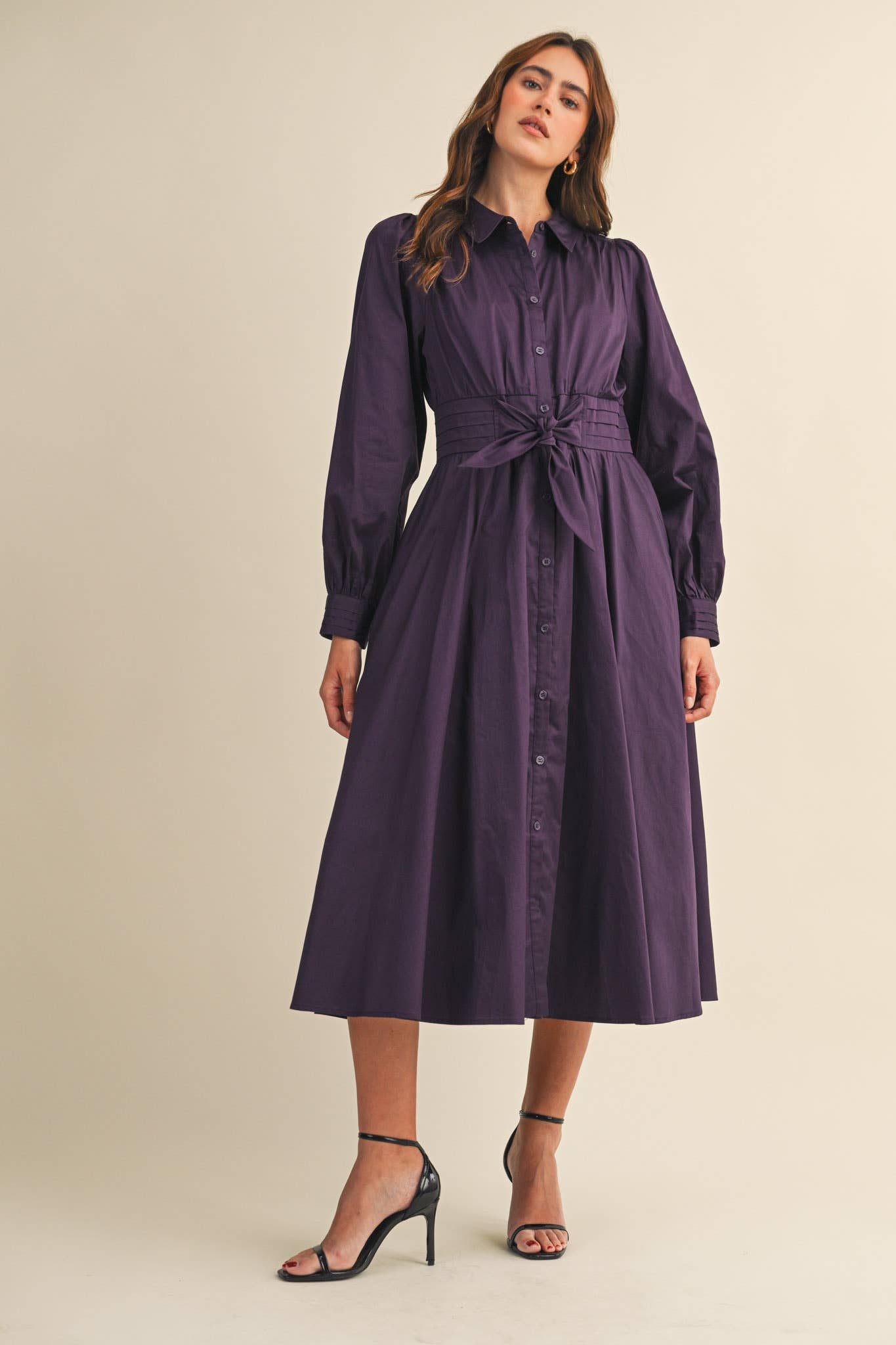 (M Dresses) PINTUCK WAIST TIE FRONT MIDI DRESS (M-PD21)