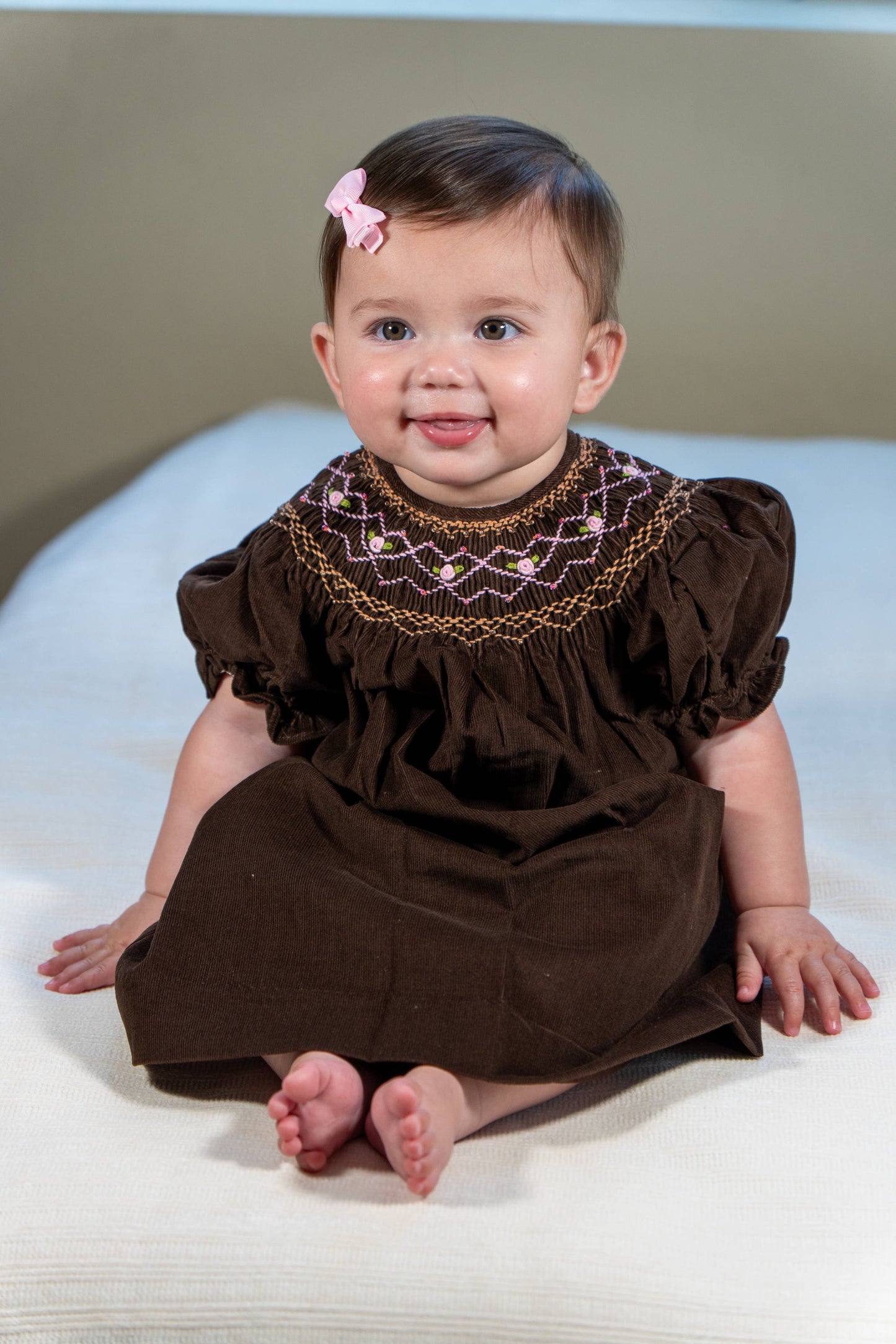 (Kids) Brown Corduroy Geo Smocked Bishop Dress #BCD27