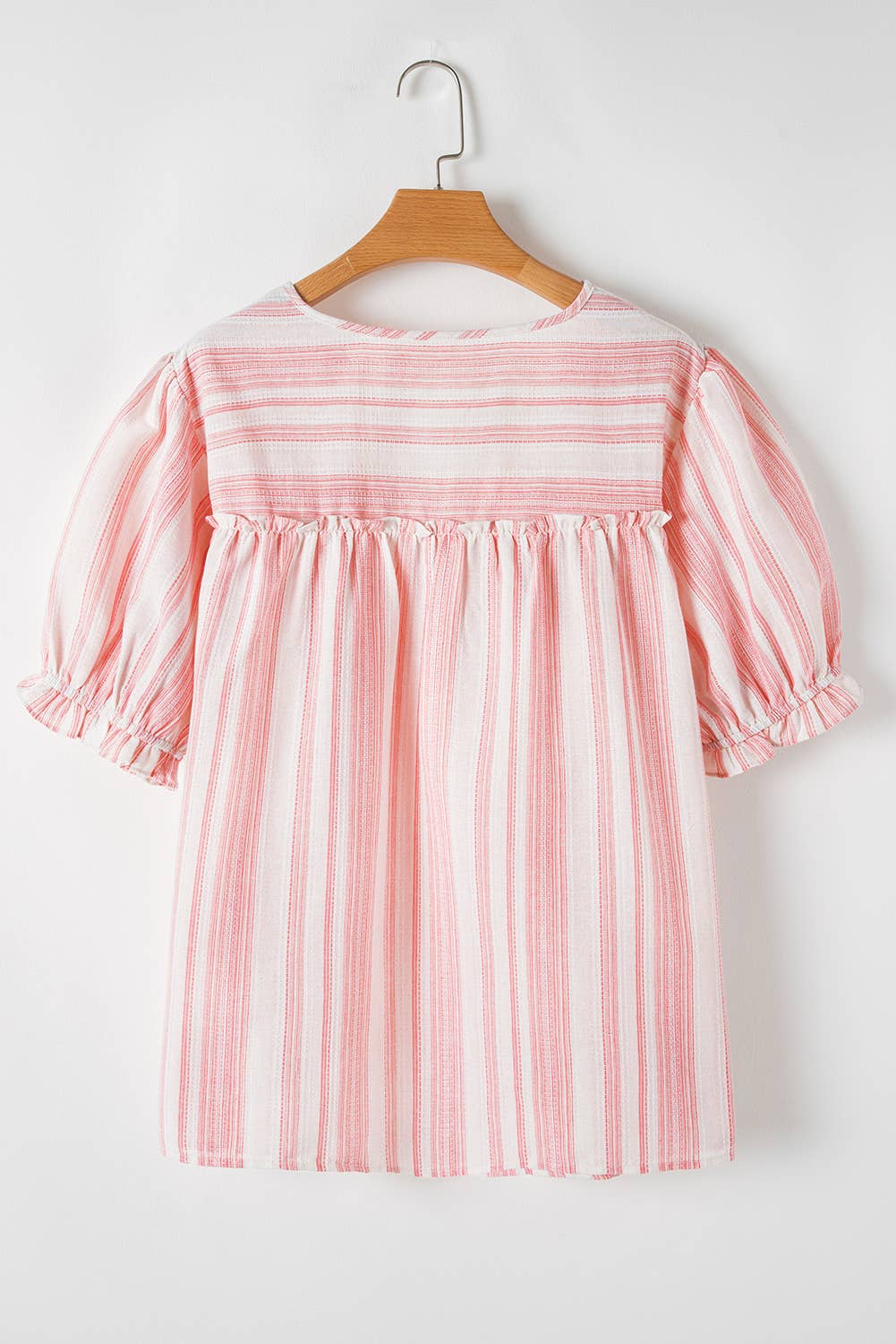 (Plus Tops) Stripe Tassel Tie Frilled Detail Short Sleeve Blouse (P-TTF11)