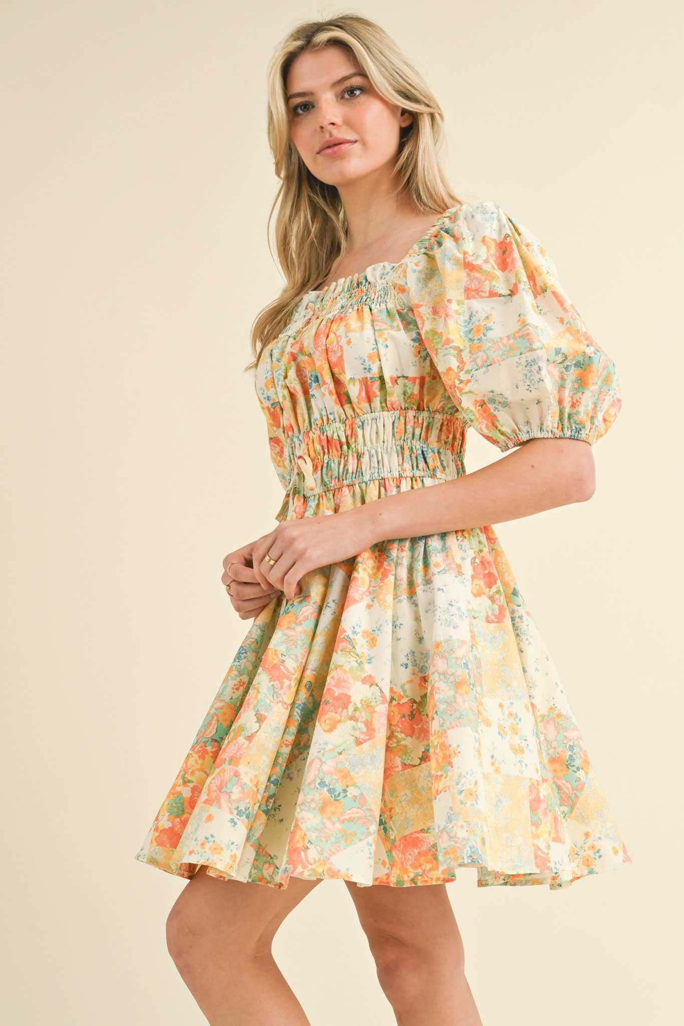 (M Dresses) Exclusive Print Floral Puff Sleeve Mini Dress (M-CD21)