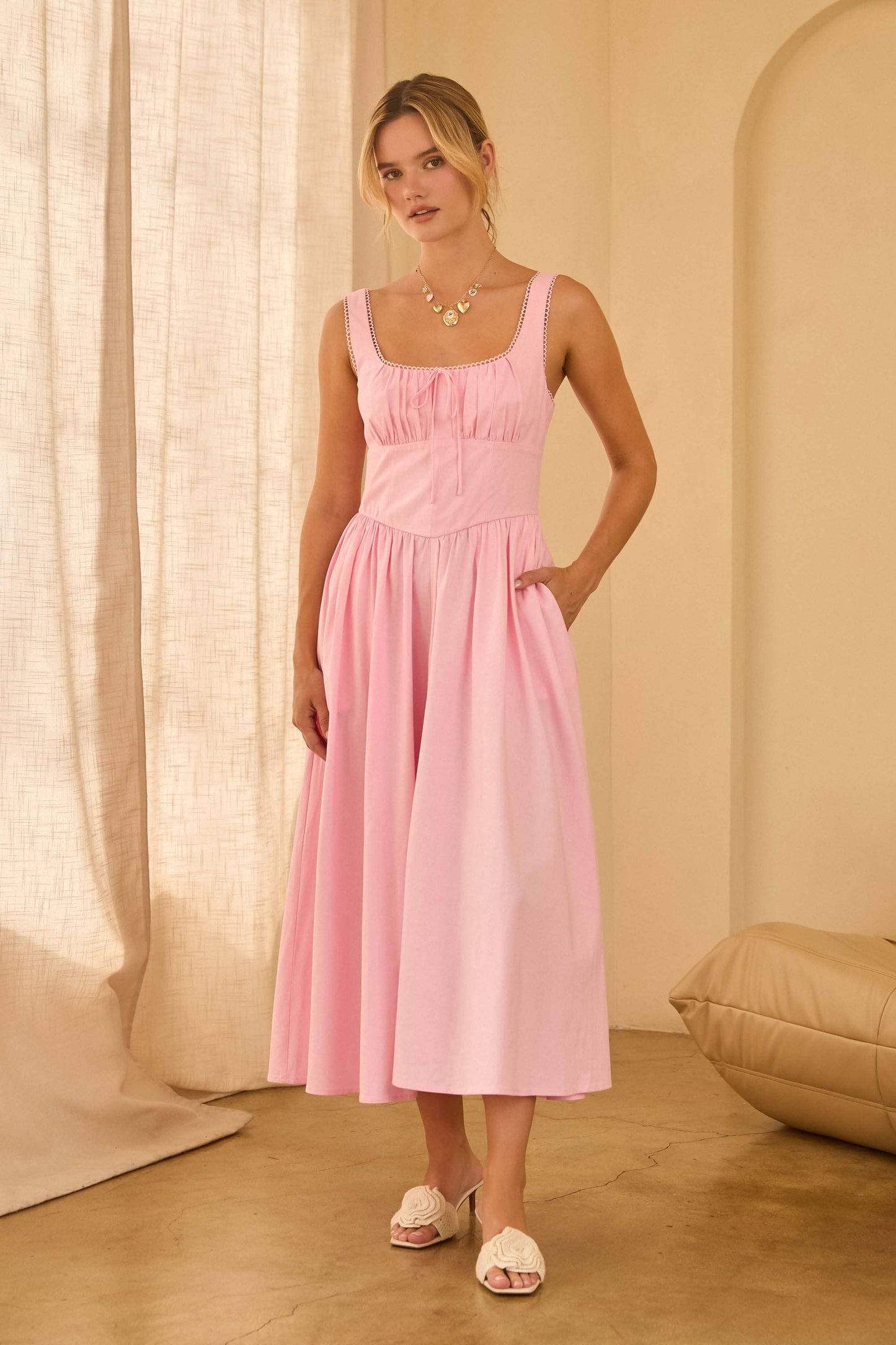 (M Dresses) Square Neck Princess-Waist Midi Dress (M-PW39)