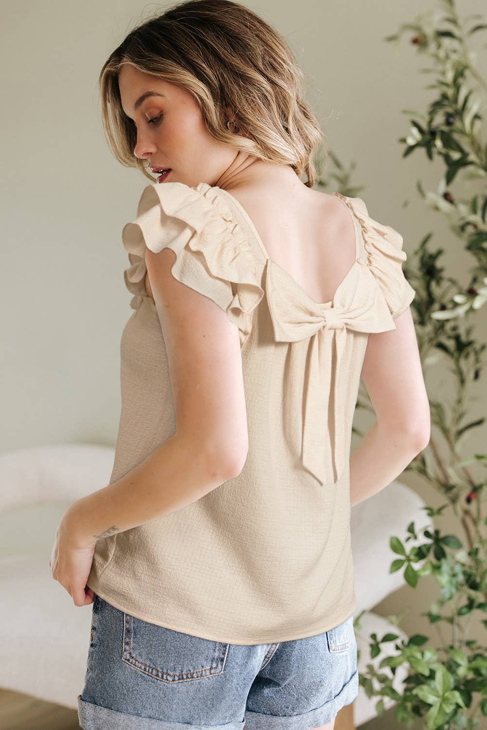 (M Tops) Textured Bow Knot Frilled Butterfly Sleeve Blouse
