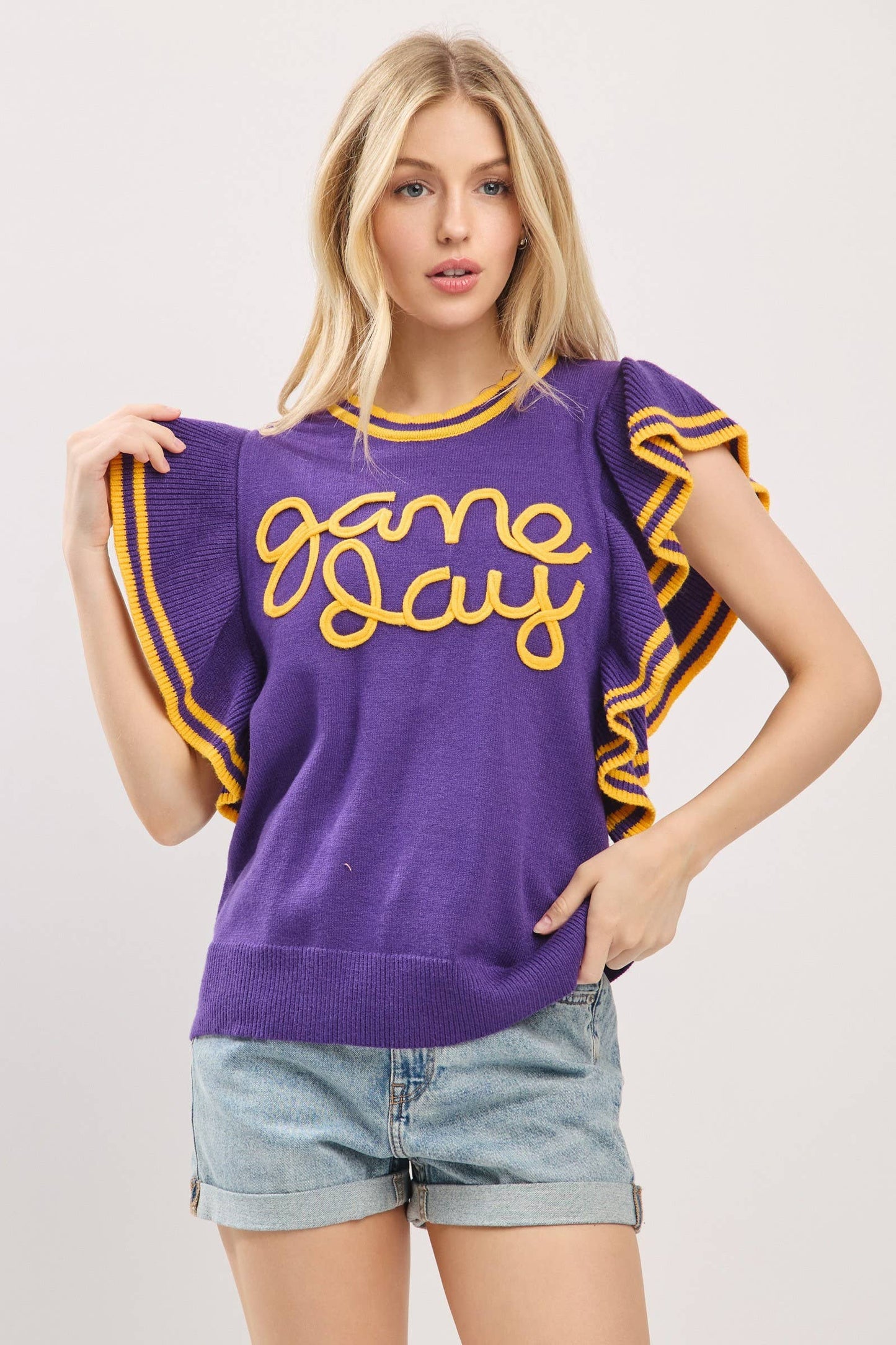 (Game Day) Ruffle Sleeve Varsity Gameday Knit Top (M-LSUS)