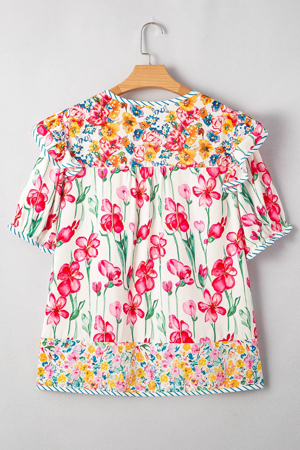 FINAL SALE -  Floral Print Striped Trim V Neck Blouse (P-FVN11)