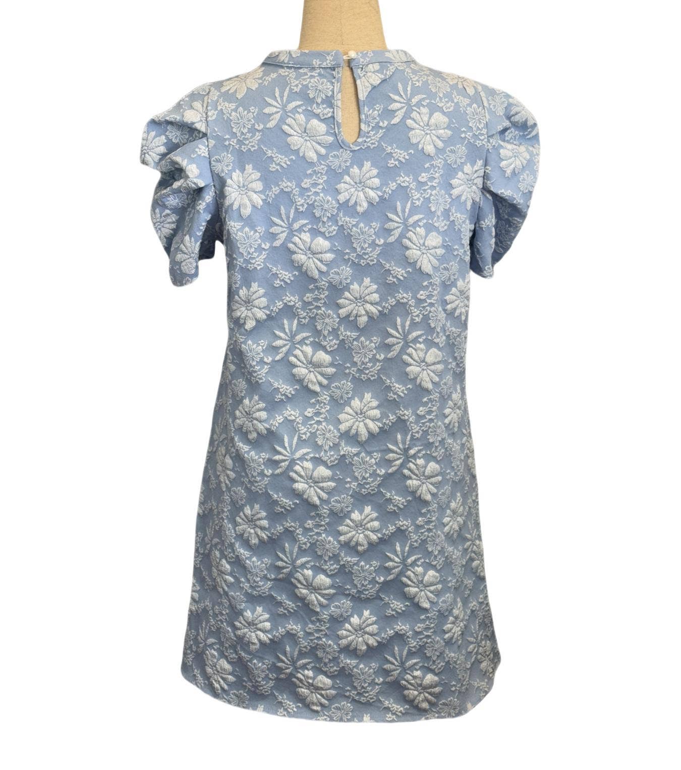 (M Dresses) Puff Sleeve Textured Jacquard Mini Dress- Blue (M-BJMD30)