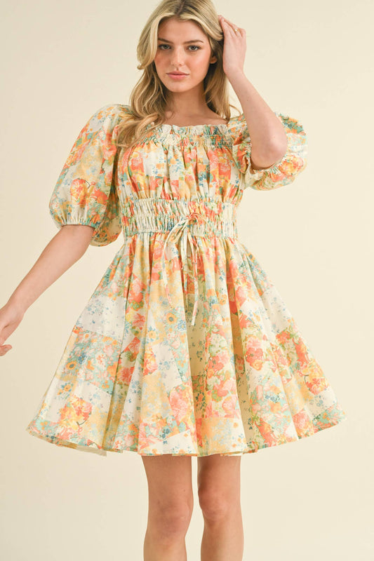 (M Dresses) Exclusive Print Floral Puff Sleeve Mini Dress (M-CD21)