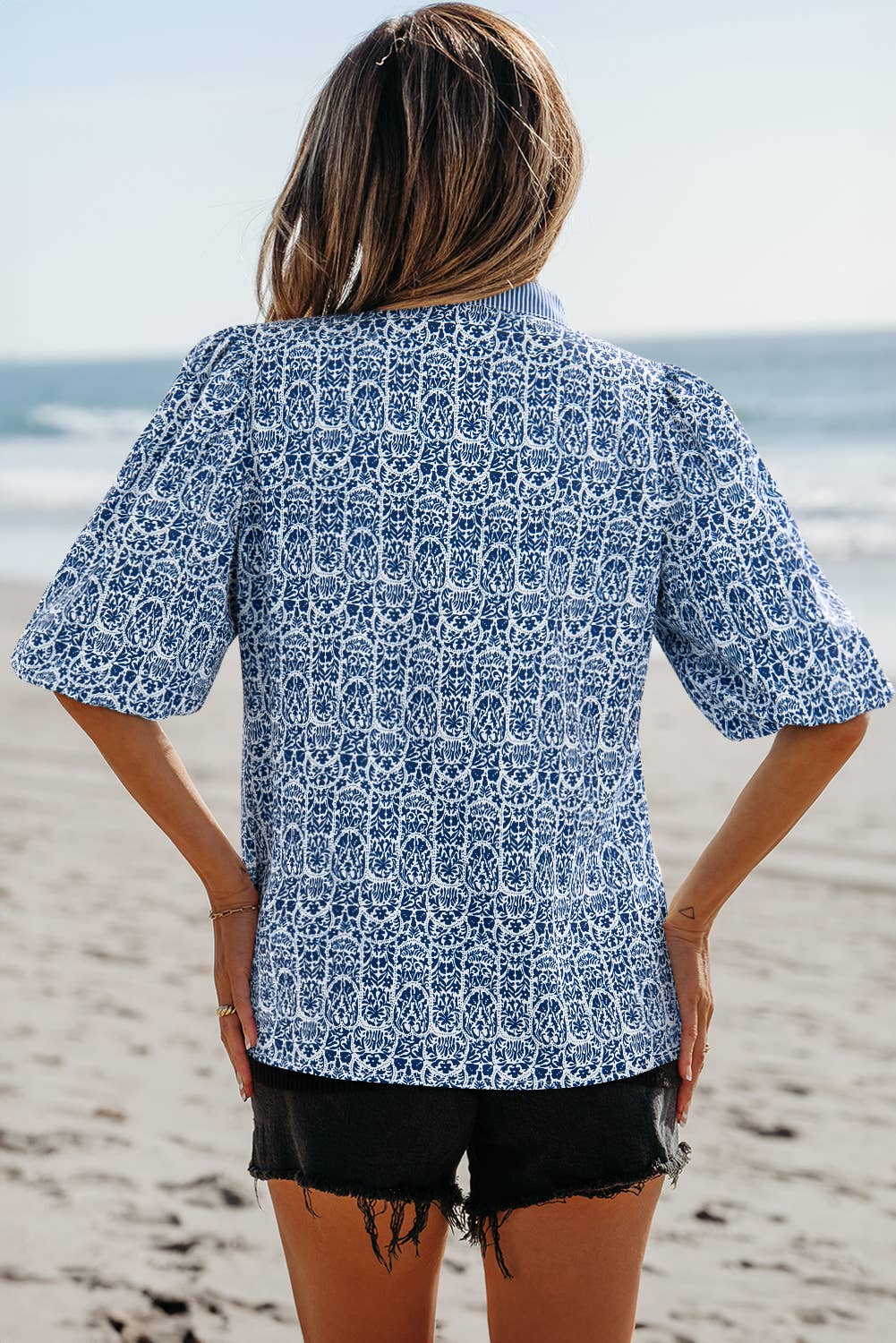 (Misses Tops) Floral Striped Print Contrast Ric-Rac Puff Sleeve Top (M-SRRP11)