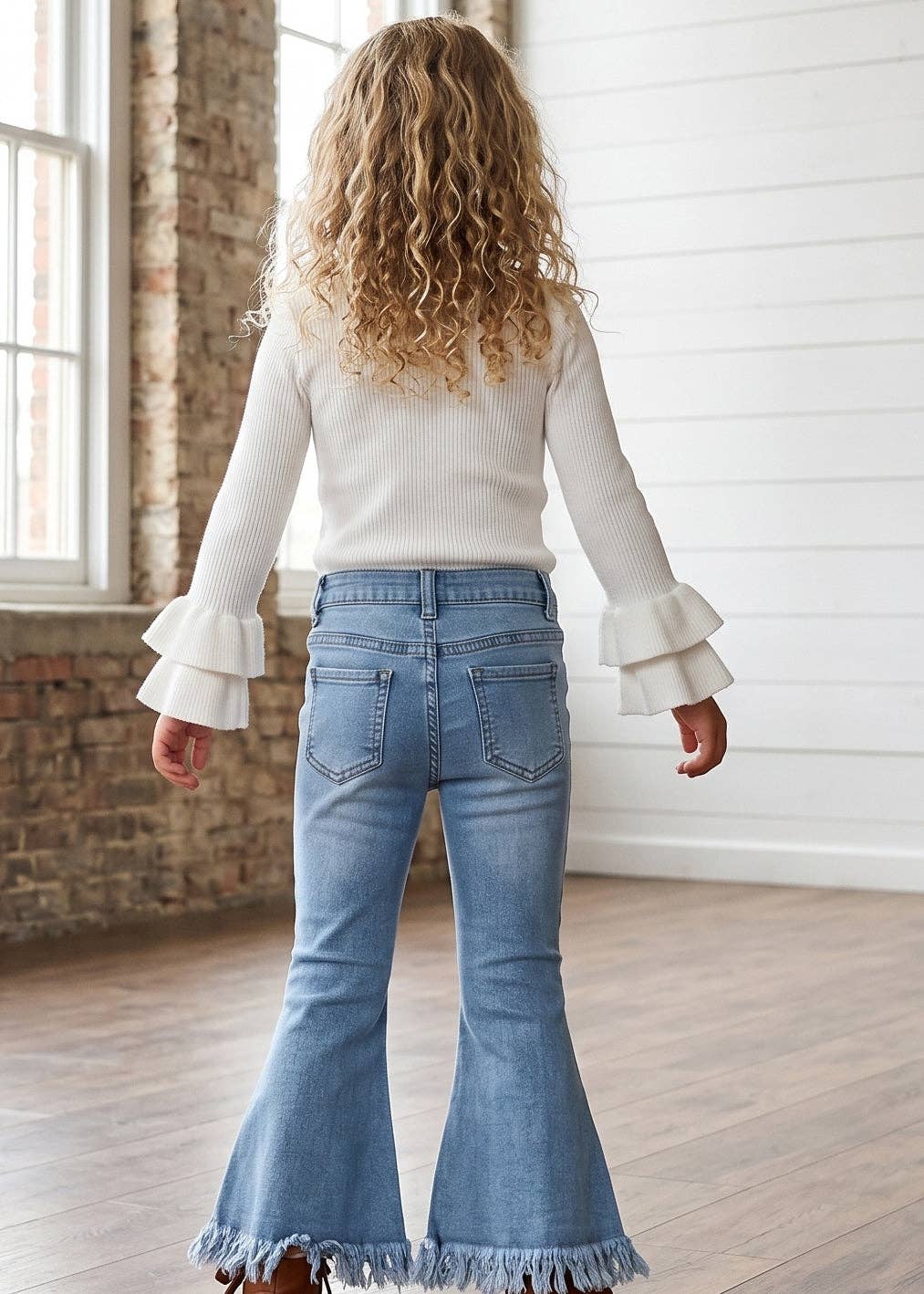 (Girls) Light Wash Flare Fringe Denim Jeans (G-FJ49)