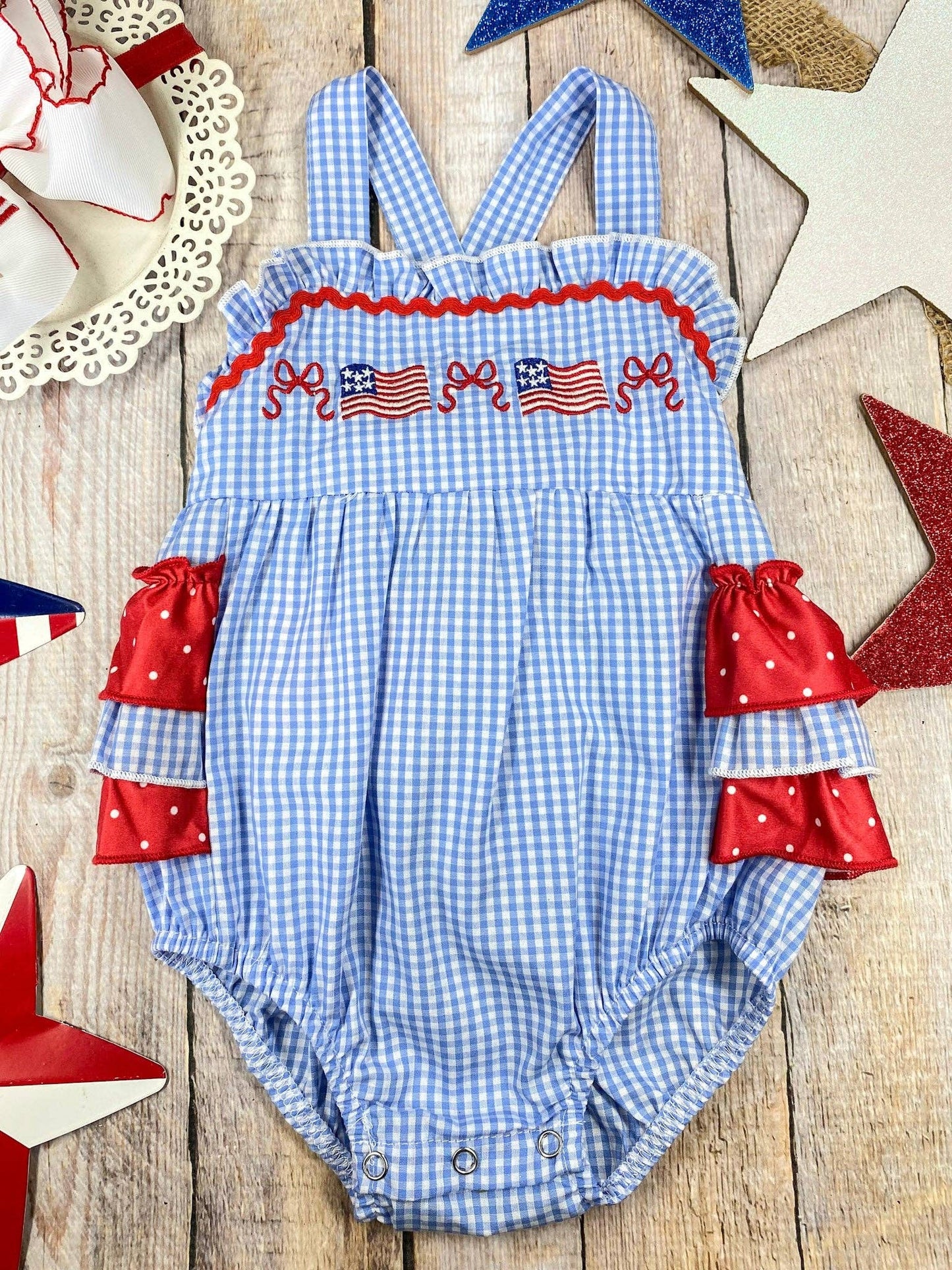 (Girls) Blue Gingham American Flag Bubble Romper (FR43)