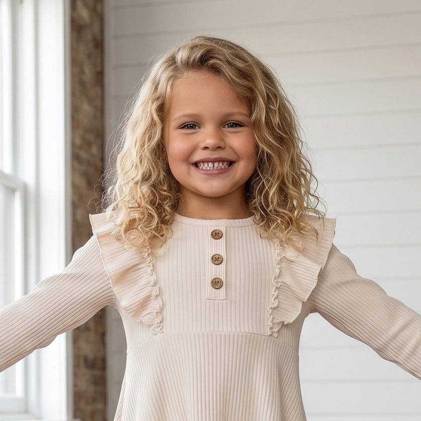(Girls) Cream Beige Ribbed Long Sleeve Button Ruffle Shirt